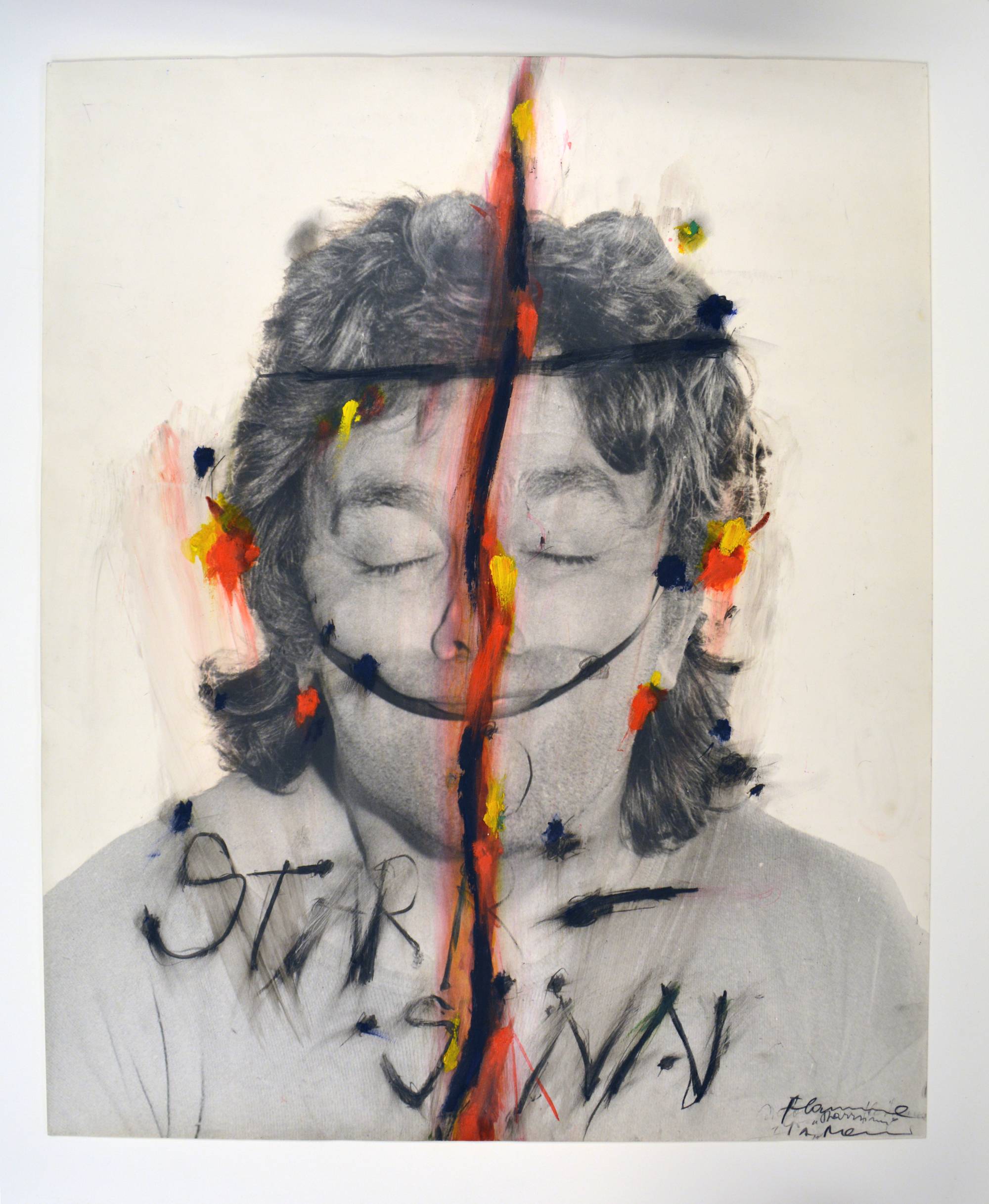 Graphite/pencil portrait marred with streaks and symbols made with orange, yellow, red, brown, black crayon.